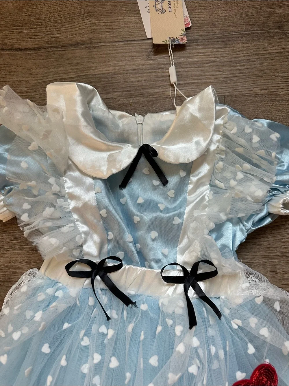Alice in Wonderland Blue Heart Lace Kids Costume Dress Black Bow Accents